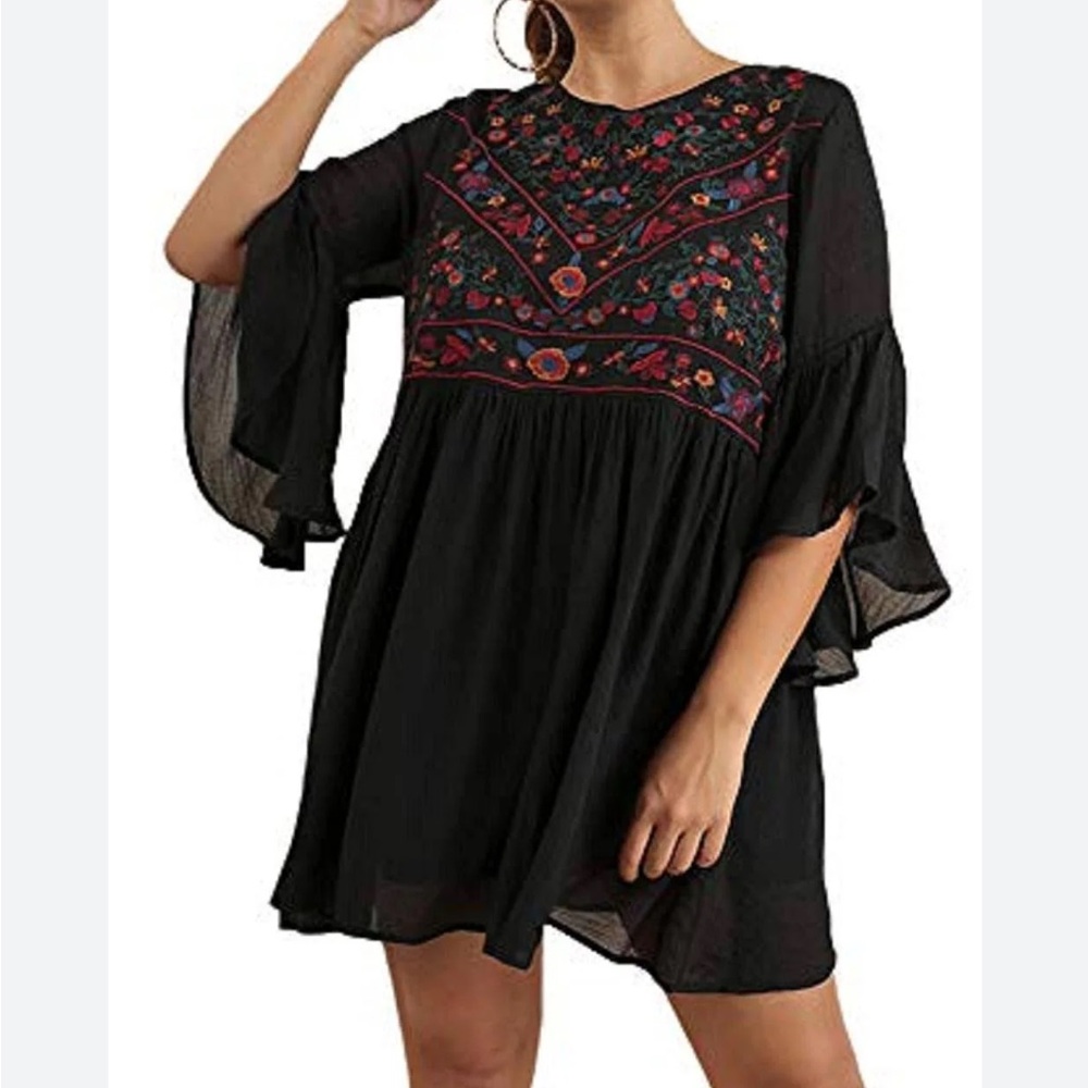 Umgee Boho Bliss Black Dress with Floral Embroidery